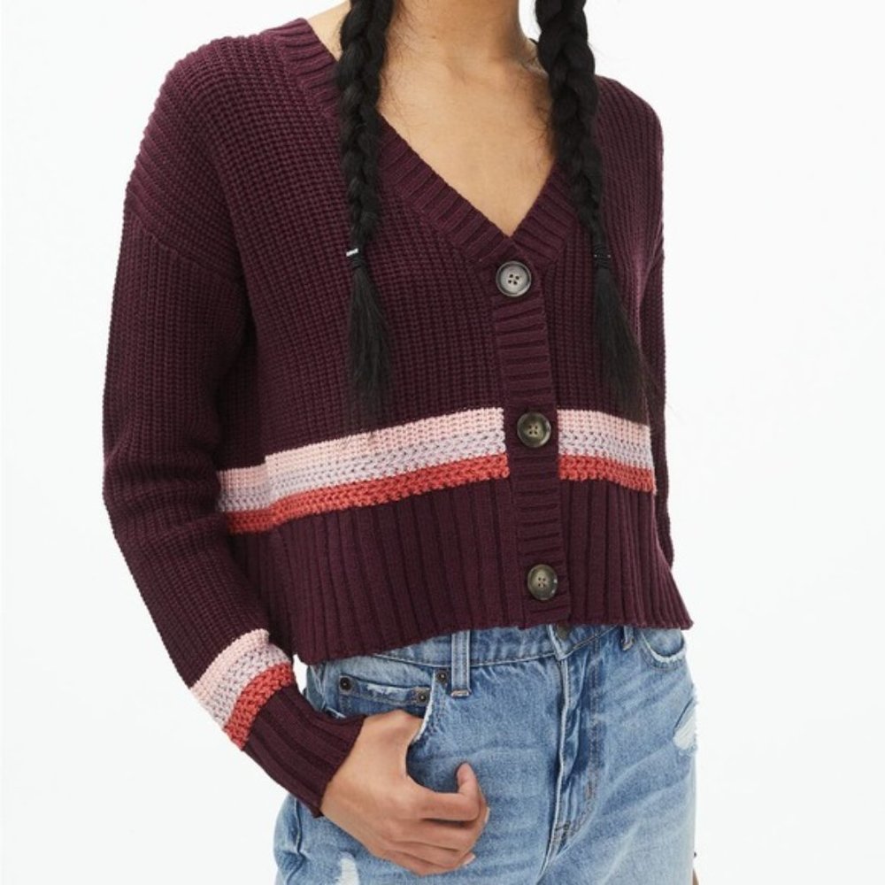 Aeropostale Cropped Chunky Knit Maroon Striped Cardigan